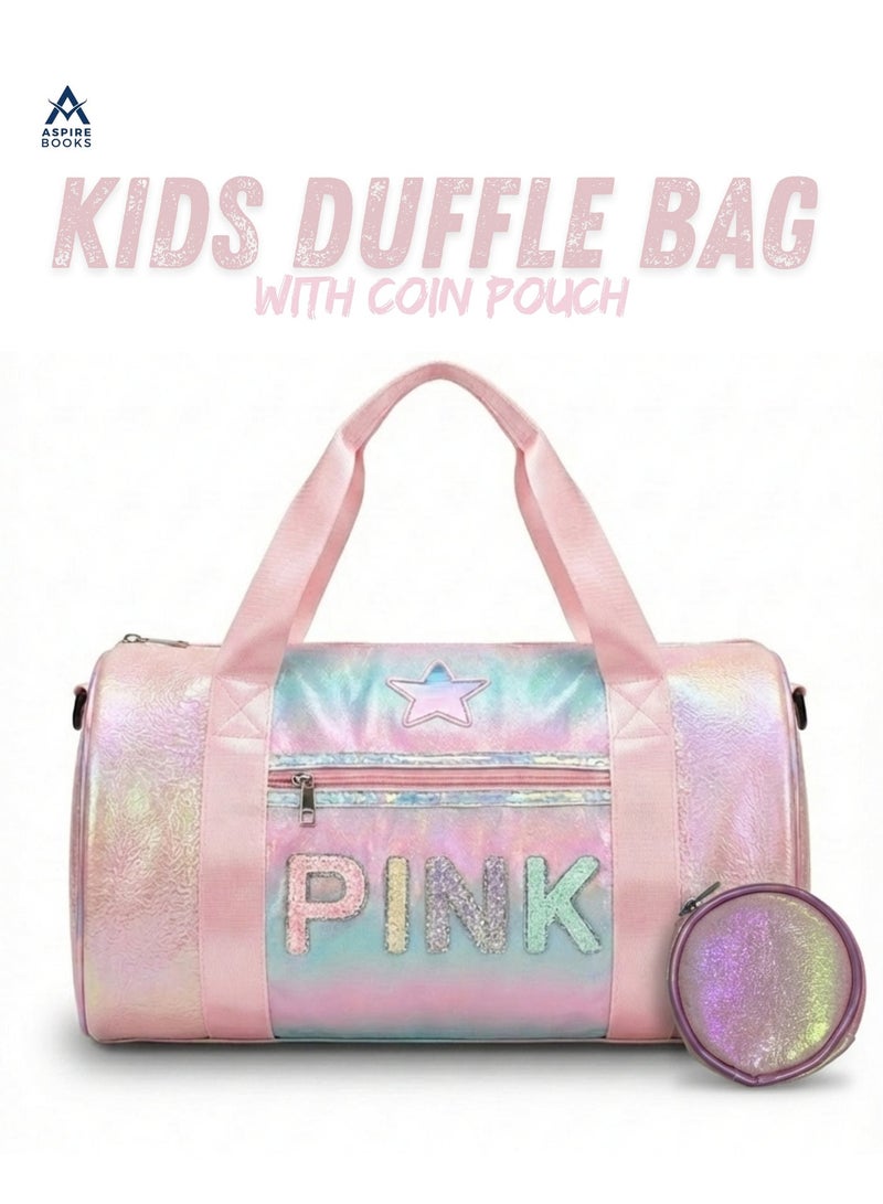 Aspire Books Kids Holographic Duffle Bag with Coin Pouch – Iridescent Travel Weekender & Dance Bag for Girls – Glitter "PINK" Lettering, Star Patch, and Adjustable Strap – Perfect for Shopping, Outings, and Sleepovers (Pink/Rainbow) - Image 2